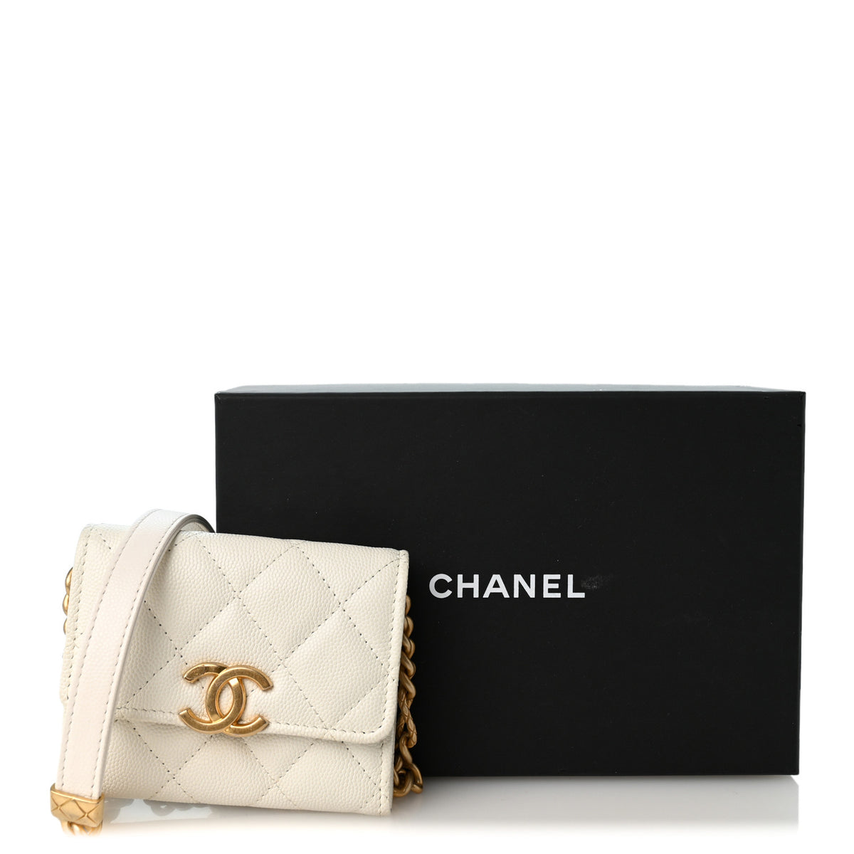 Caviar Quilted Bracelet On Chain Clutch White