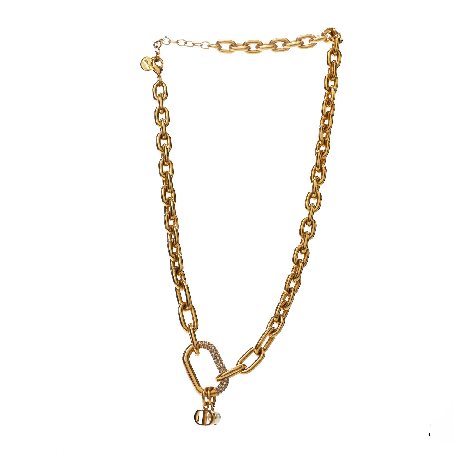 Christian Dior Crystal Pearl CD Chain Necklace Gold 3 of 4