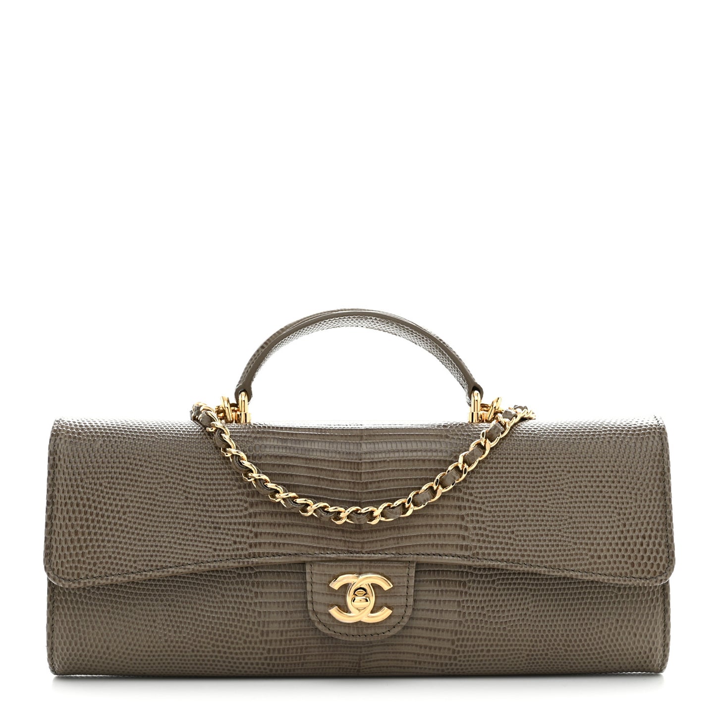 Calfskin Lizard Embossed Top Handle Long Clutch With Chain Dark Khaki