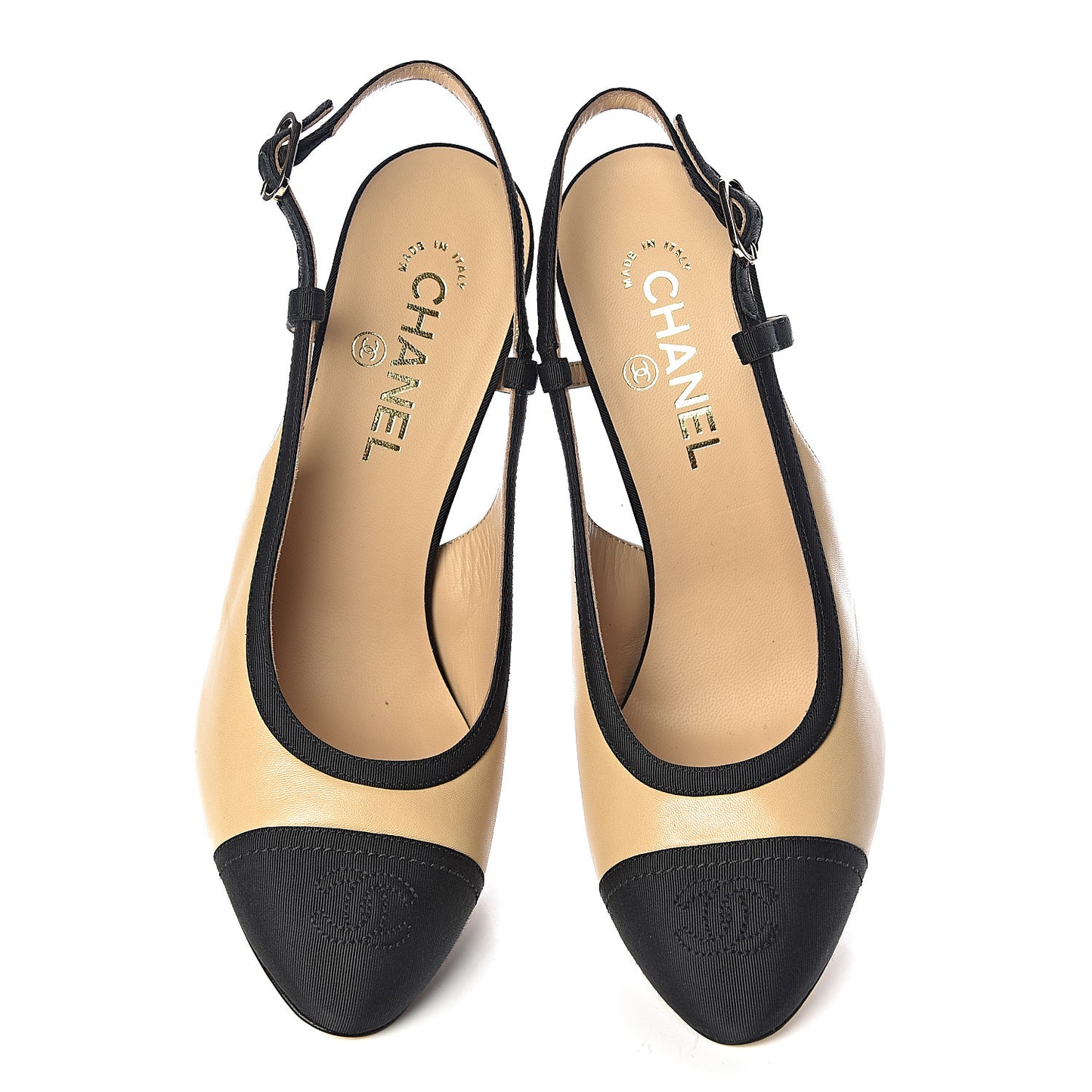 Lambskin Grosgrain Cap Toe CC Slingback Pumps 39.5 Beige Black