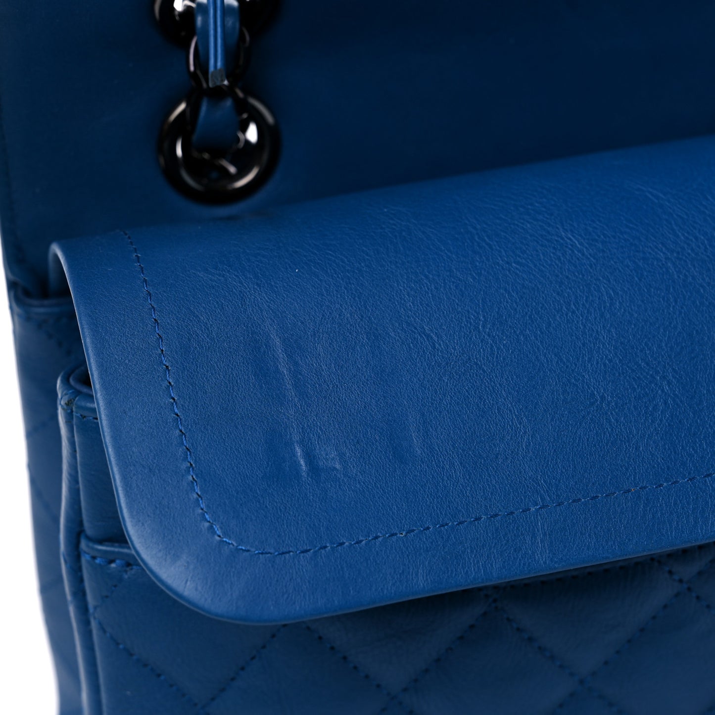 Crumpled Calfskin Quilted Medium Double Flap Blue
