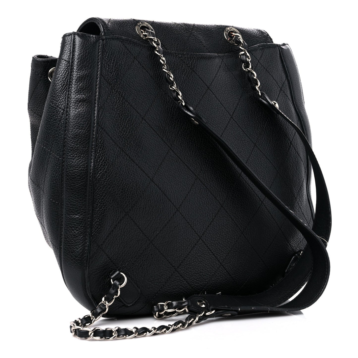 Grained Calfskin Stitched Flap Drawstring Backpack Black