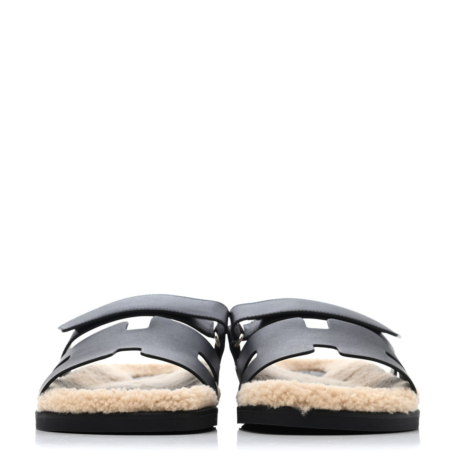 Hermes Calfskin Woolskin Mens Chypre Sandals 43 Black Ecru 2 of 4