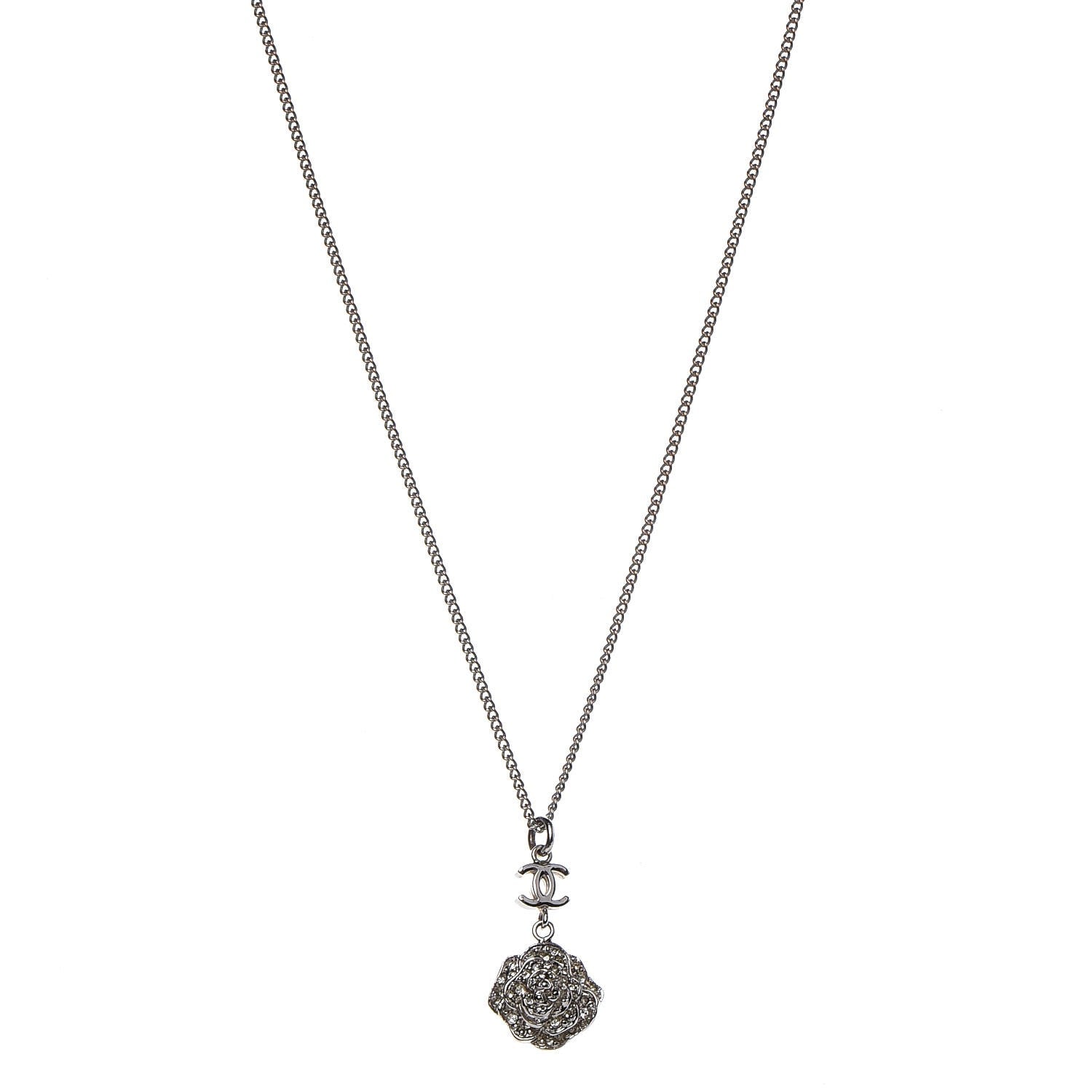 Chanel Swarovski Crystal Camellia CC Necklace Silver 1 of 7