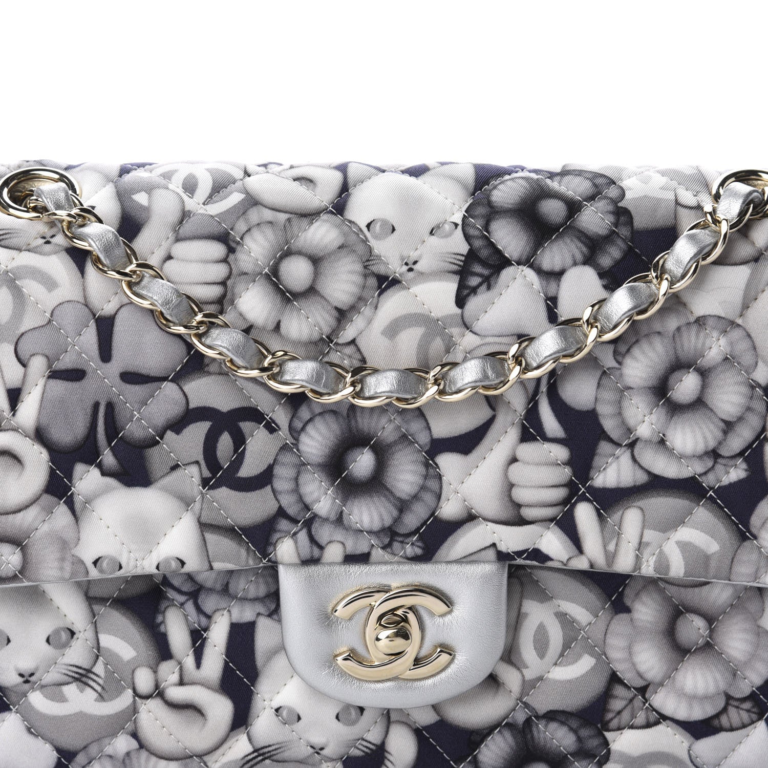 Chanel Nylon Quilted Medium Cat Emoticon Double Flap Navy Grey Ecru 11 of 12