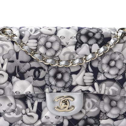 Chanel Nylon Quilted Medium Cat Emoticon Double Flap Navy Grey Ecru 11 of 12