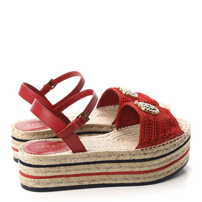 Gucci Cotton Malaga Kid Crochet Pearly GG Lilibeth Espadrille Platform Sandals 38 Hibiscus Red 4 of 10