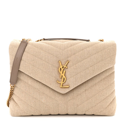 Saint Laurent Linen Y Quilted Monogram Medium Loulou Chain Satchel Natural Taupe 1 of 12
