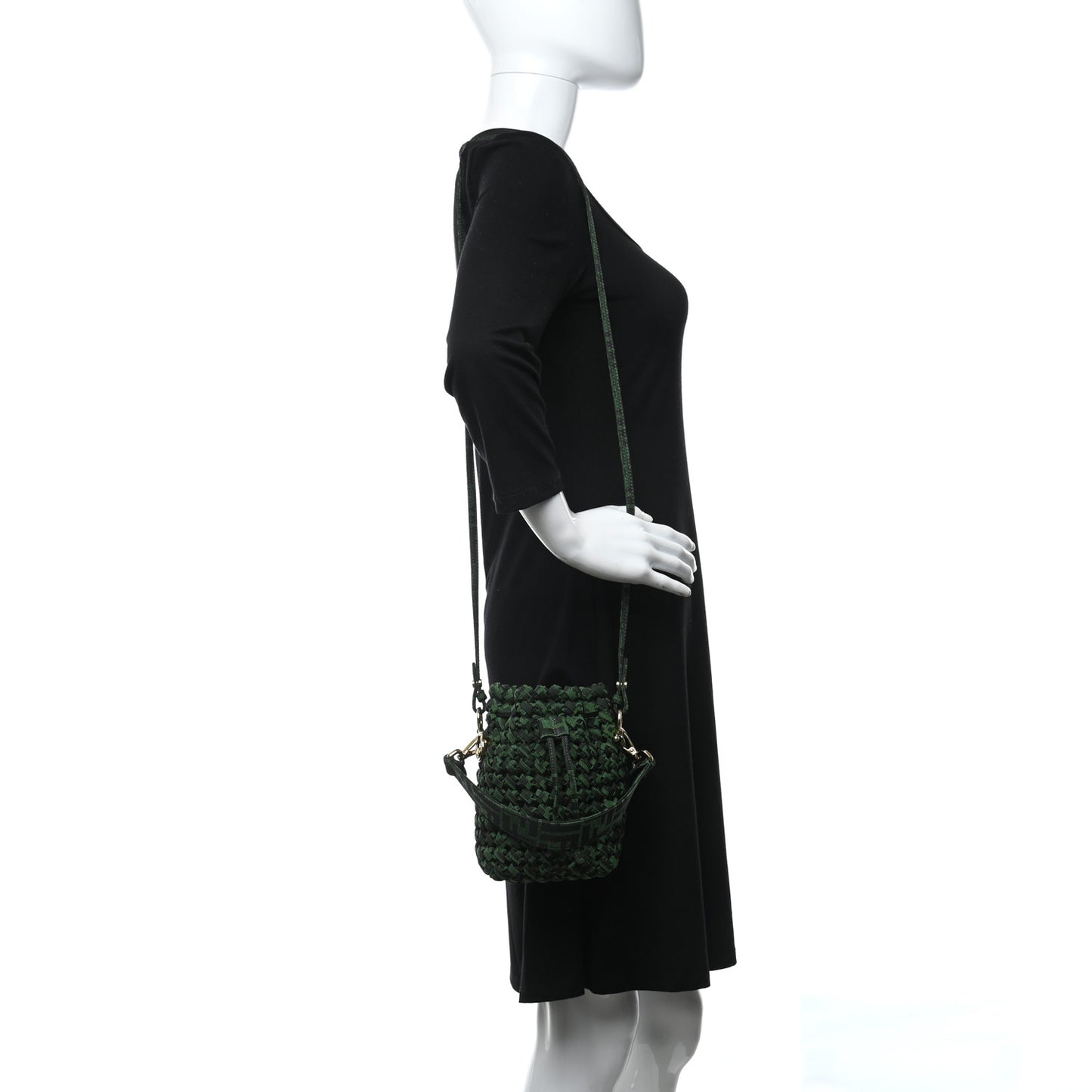 Fabric Jacquard F is Fendi FF 1974 Woven Knotted Mini Mon Tresor Bucket Bag Verde Black