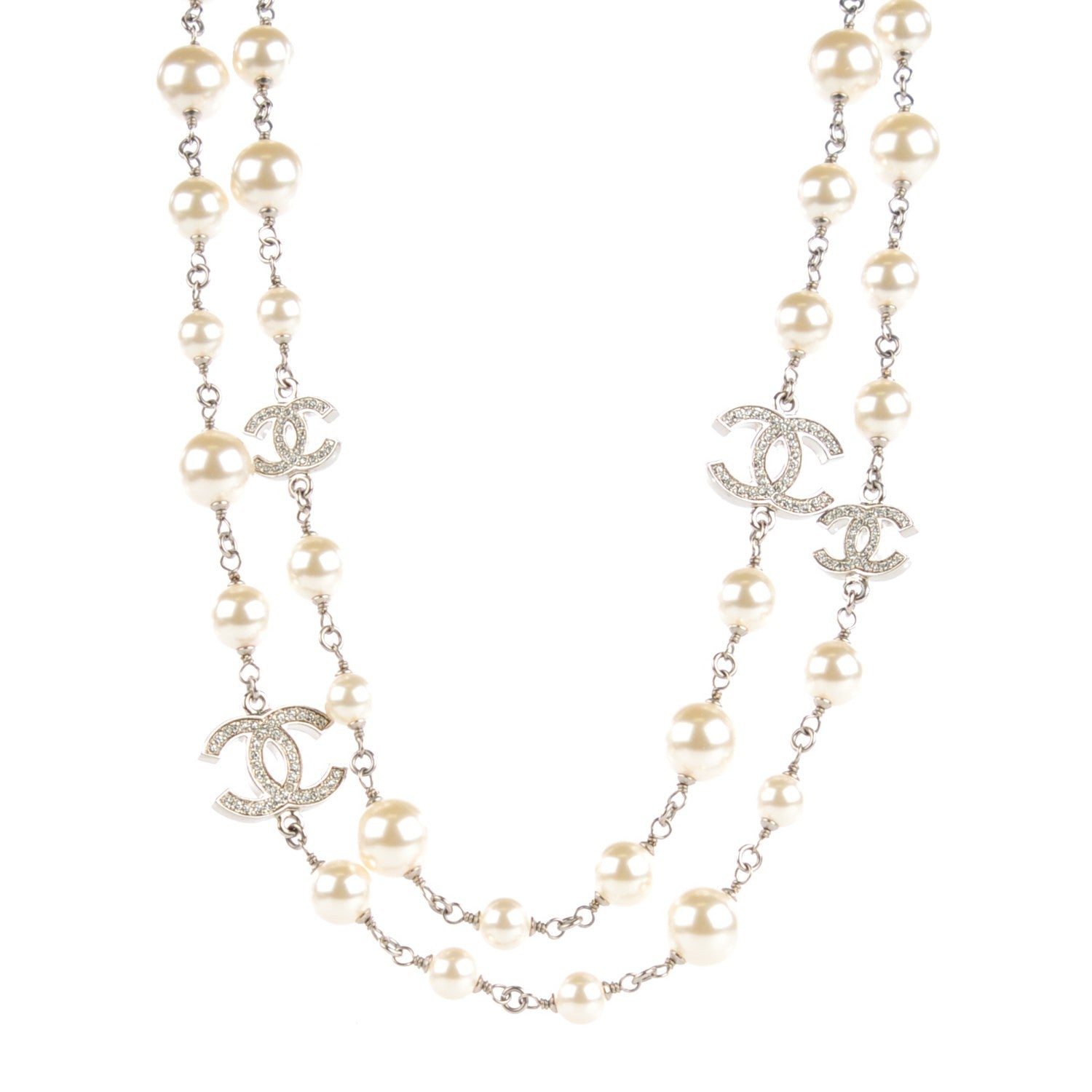 Chanel Crystal Pearl CC Long Necklace Silver 1 of 7