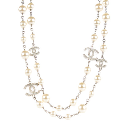Chanel Crystal Pearl CC Long Necklace Silver 1 of 7
