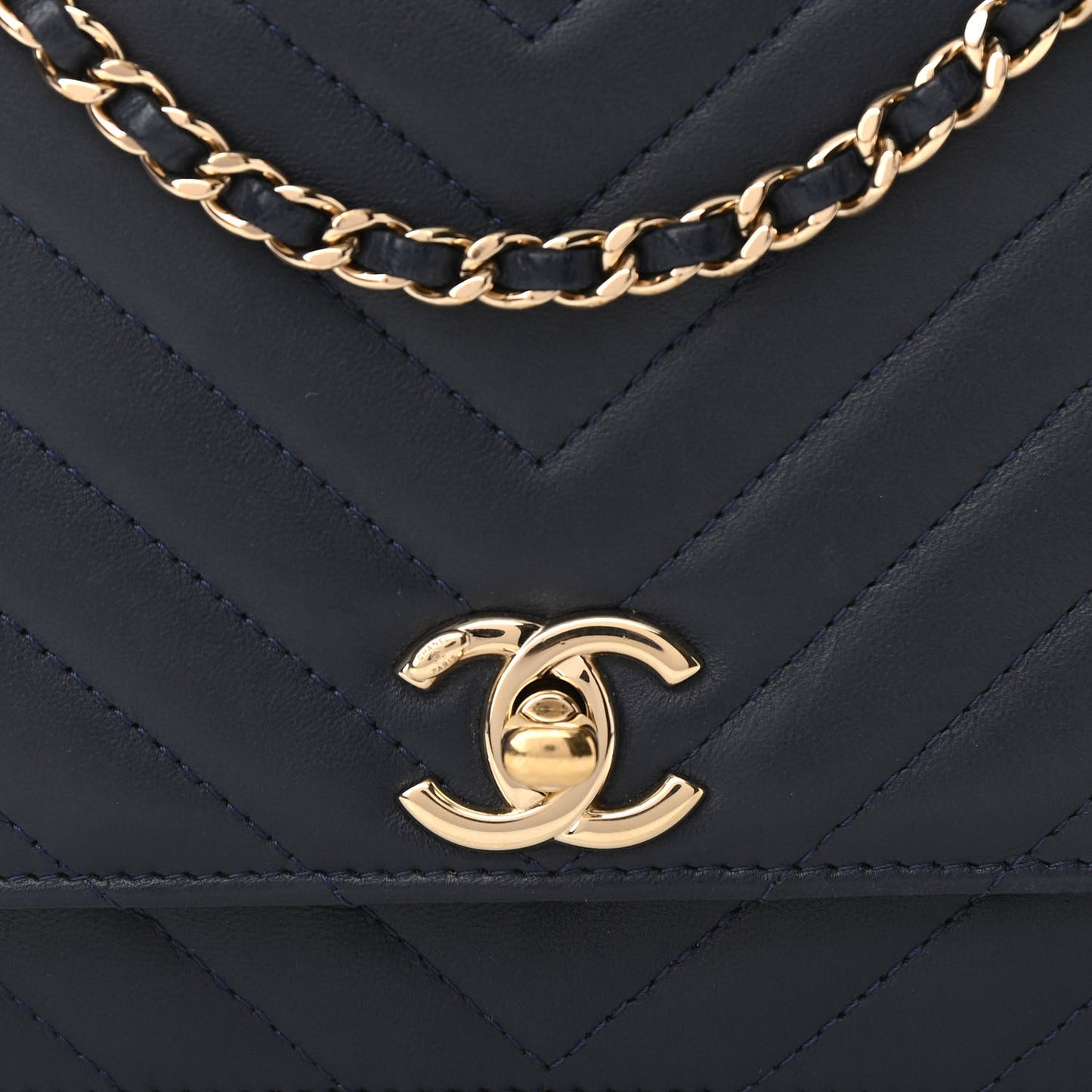 Lambskin Chevron Quilted Trendy CC Wallet On Chain WOC Dark Blue