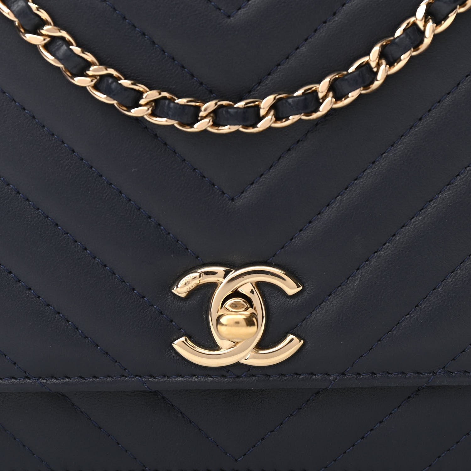 Chanel Lambskin Chevron Quilted Trendy CC Wallet On Chain WOC Dark Blue 12 of 13