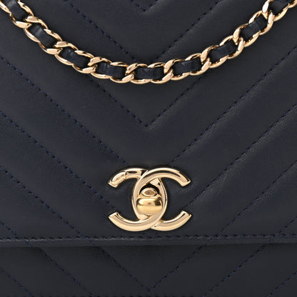 Chanel Lambskin Chevron Quilted Trendy CC Wallet On Chain WOC Dark Blue 12 of 13