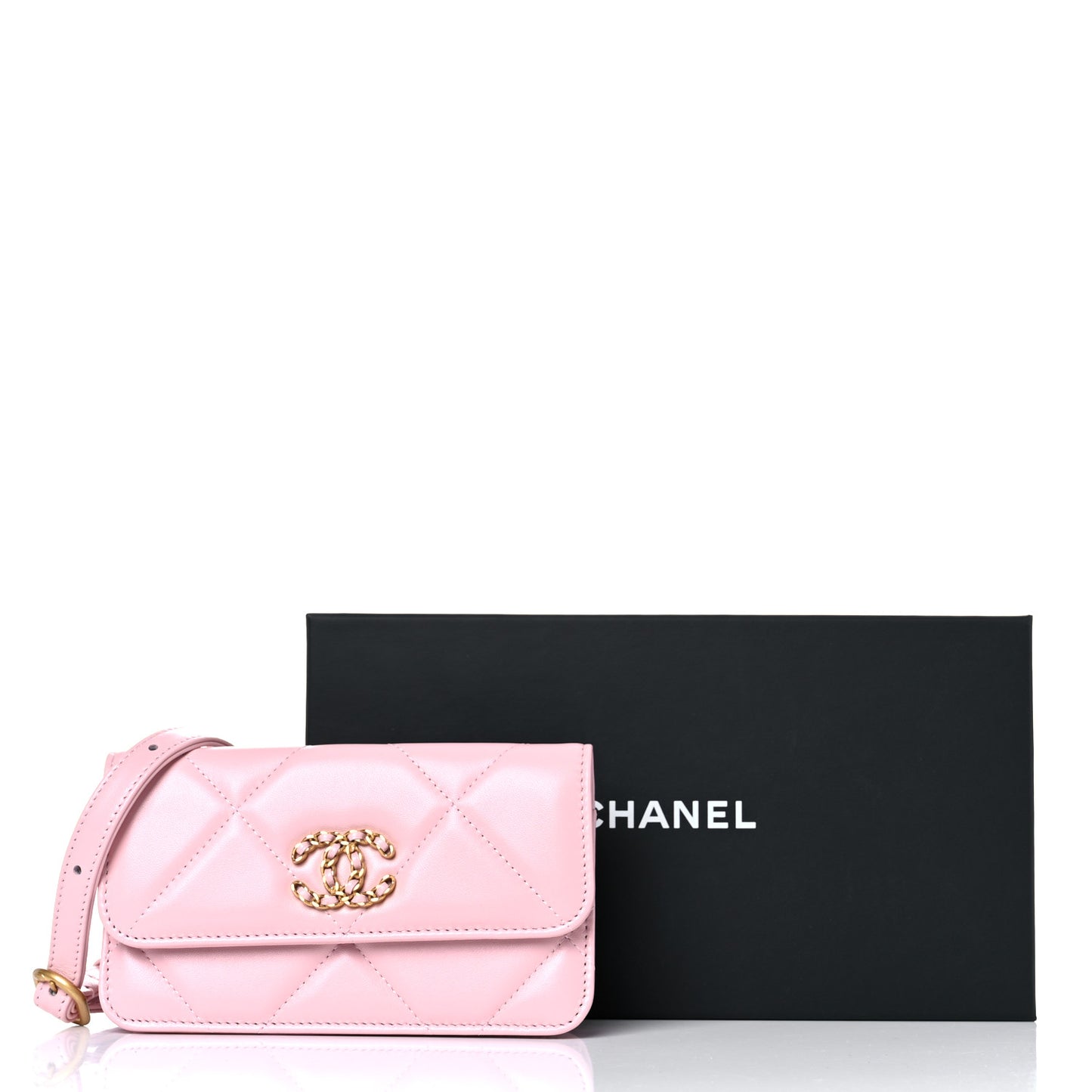 Lambskin Quilted Chanel 19 Belt Phone Holder Bag Pink