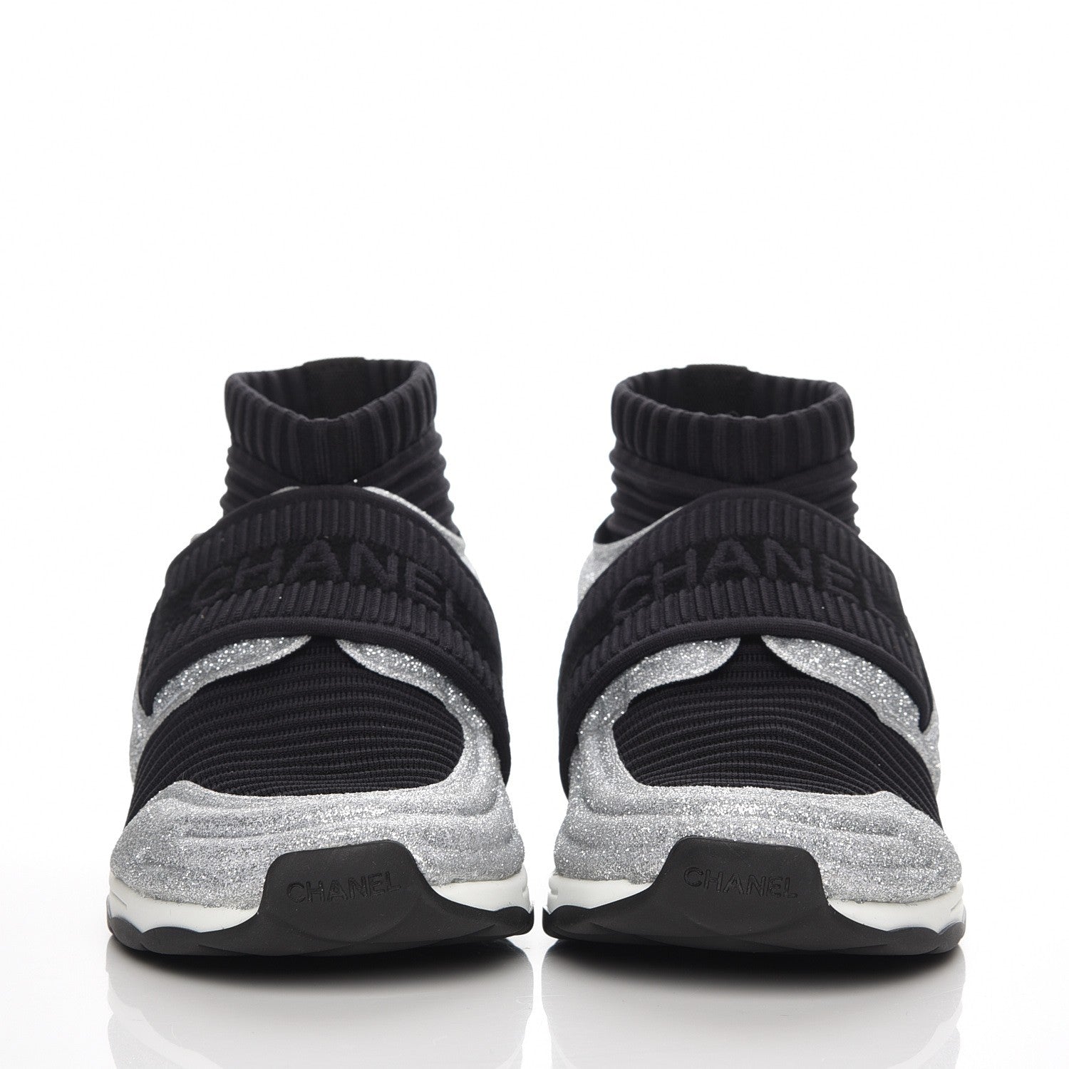 Chanel Glitter Stretch Trainers 37.5 Black Silver 4 of 9