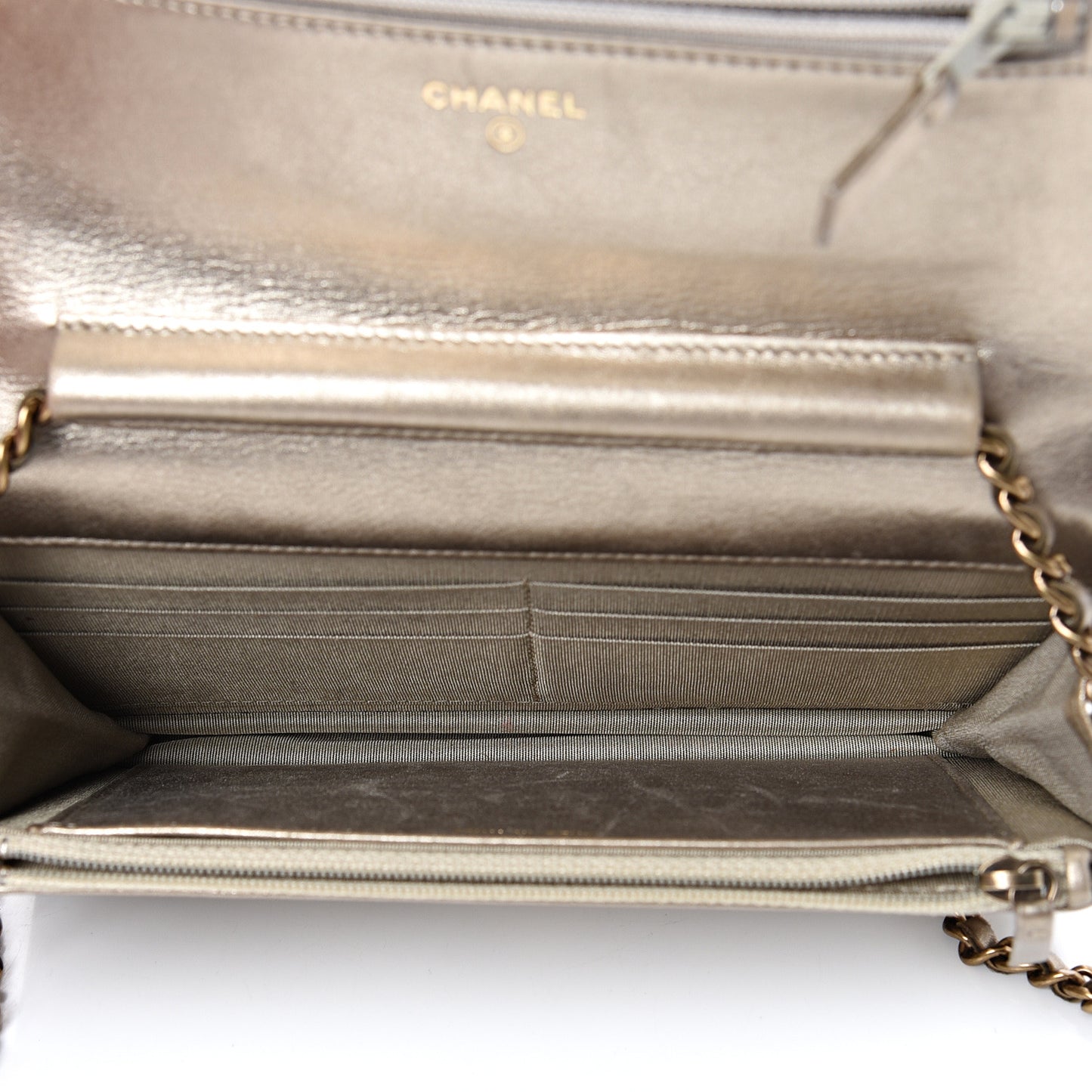 Metallic Calfskin Quilted Boy Wallet On Chain WOC Gold