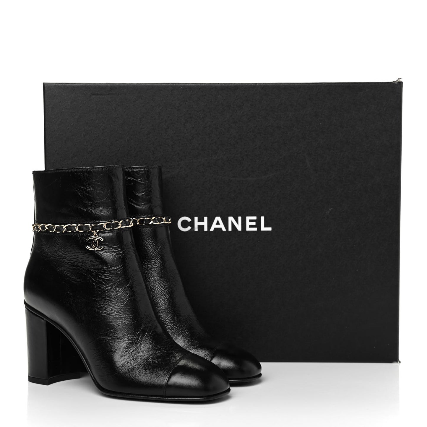 Crumpled Calfskin Cap Toe Chain Short Boots 36.5 Black