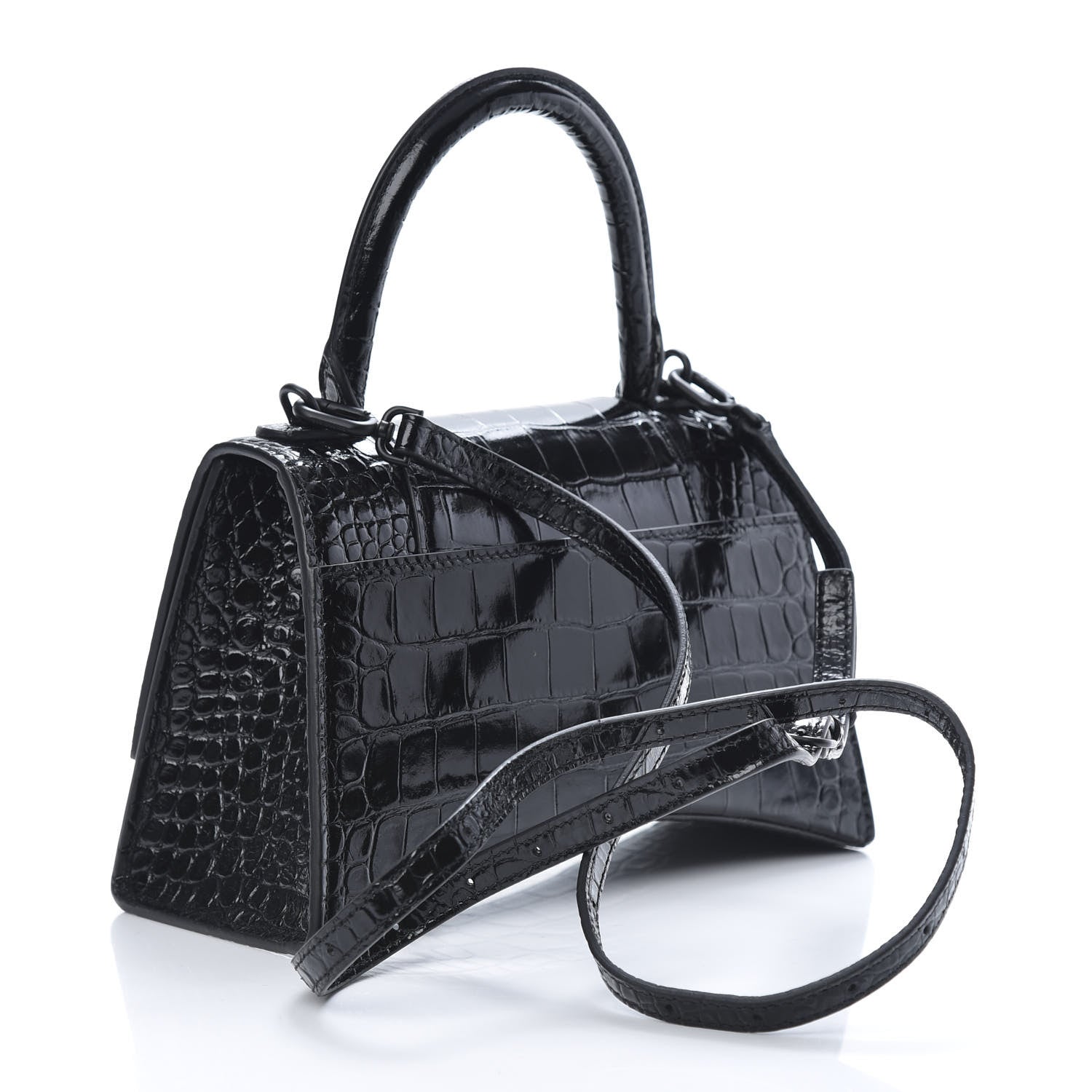 Balenciaga Shiny Calfskin Monochrome Crocodile Embossed Small Hourglass Top Handle Bag Black 3 of 11