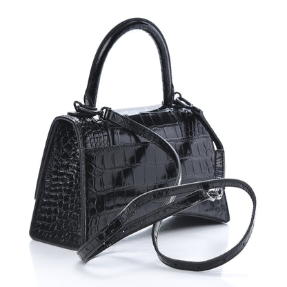 Balenciaga Shiny Calfskin Monochrome Crocodile Embossed Small Hourglass Top Handle Bag Black 3 of 11