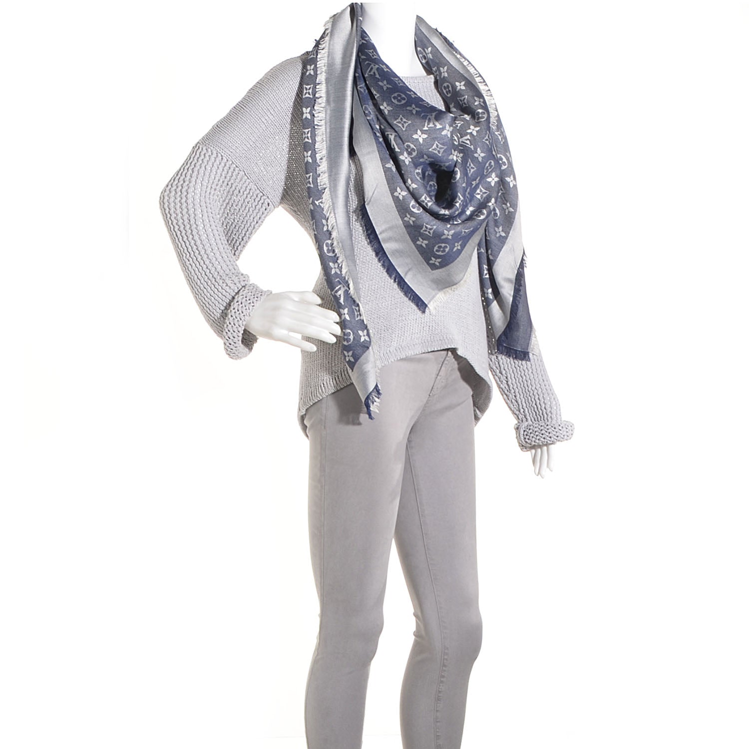 Louis Vuitton Wool Silk Monogram Denim Shawl Blue 2 of 5