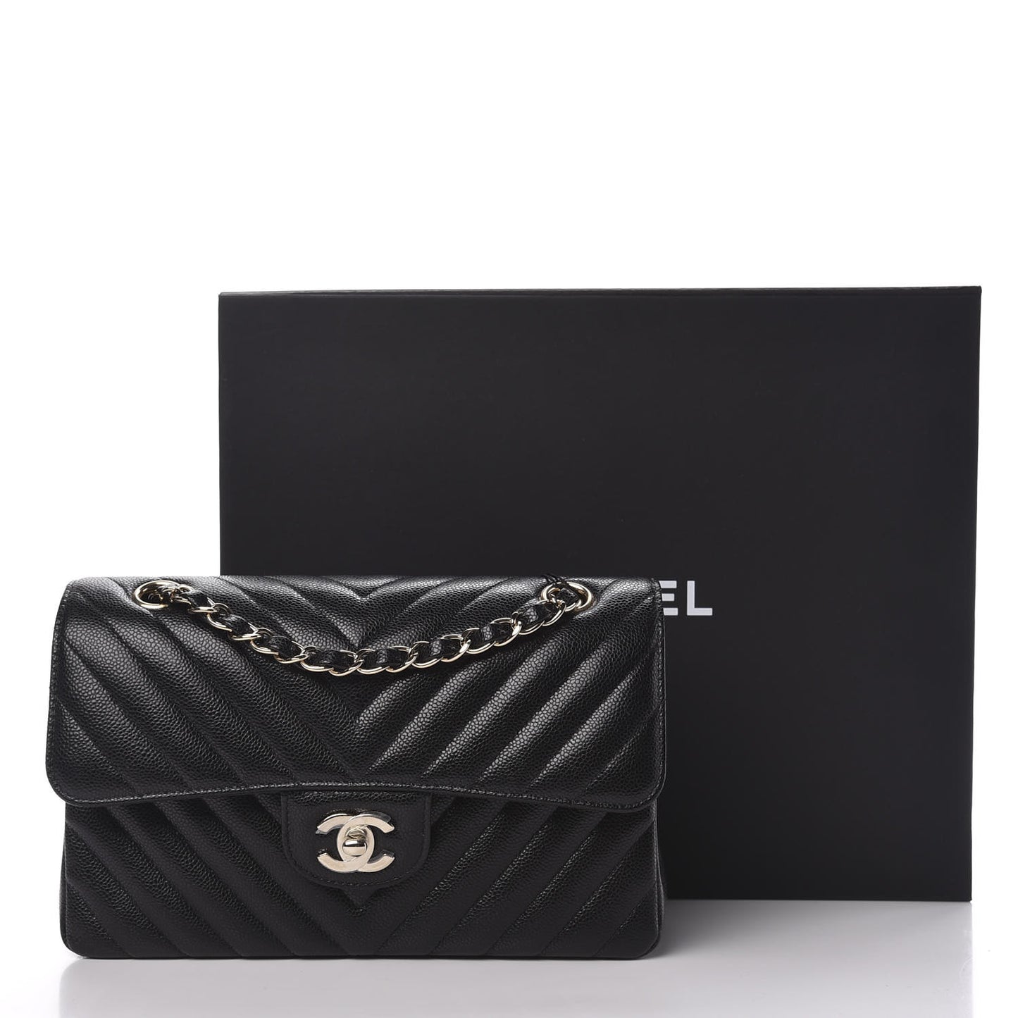 Caviar Chevron Quilted Small Double Flap Black