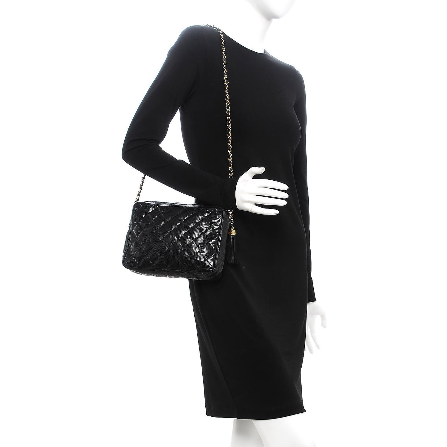 Lizard Quilted Small Tassel Camera Case Black