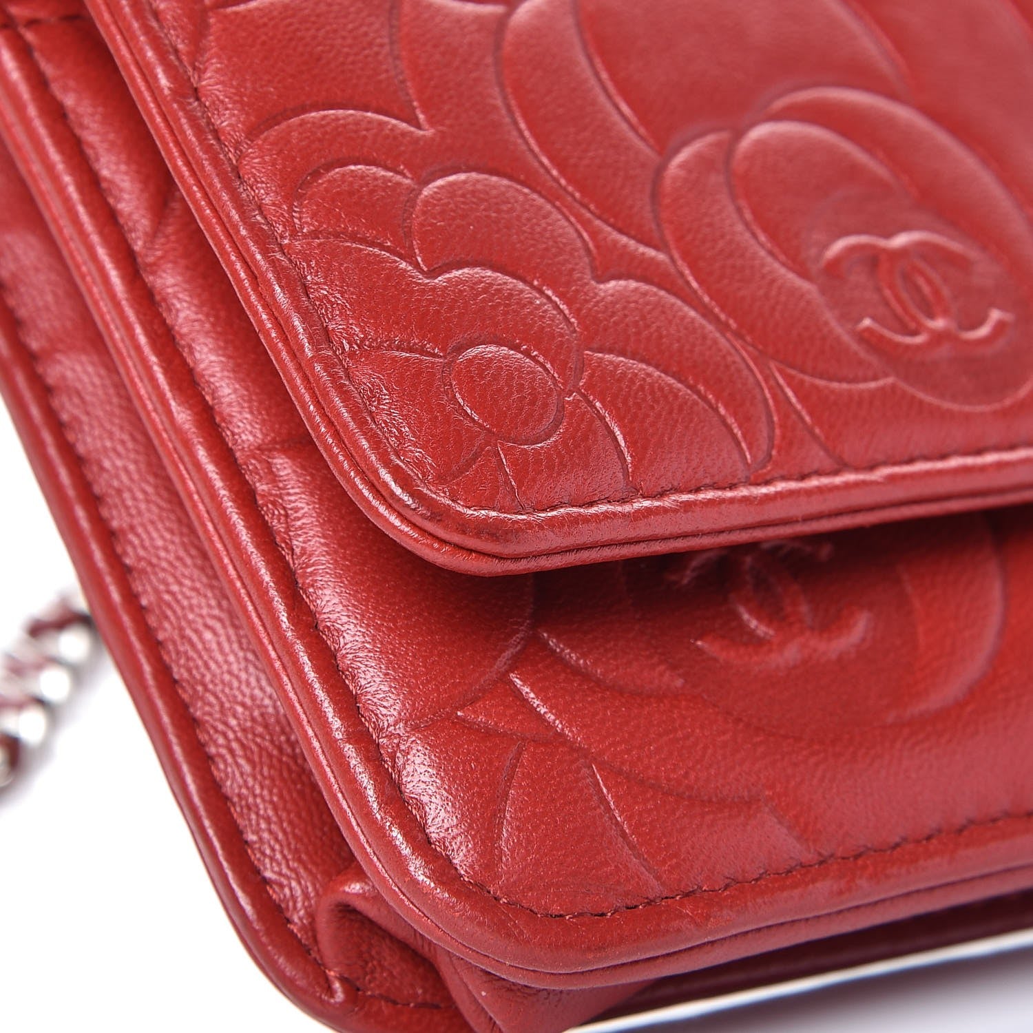 Chanel Lambskin Camellia Embossed Wallet On Chain WOC Dark Red 13 of 14