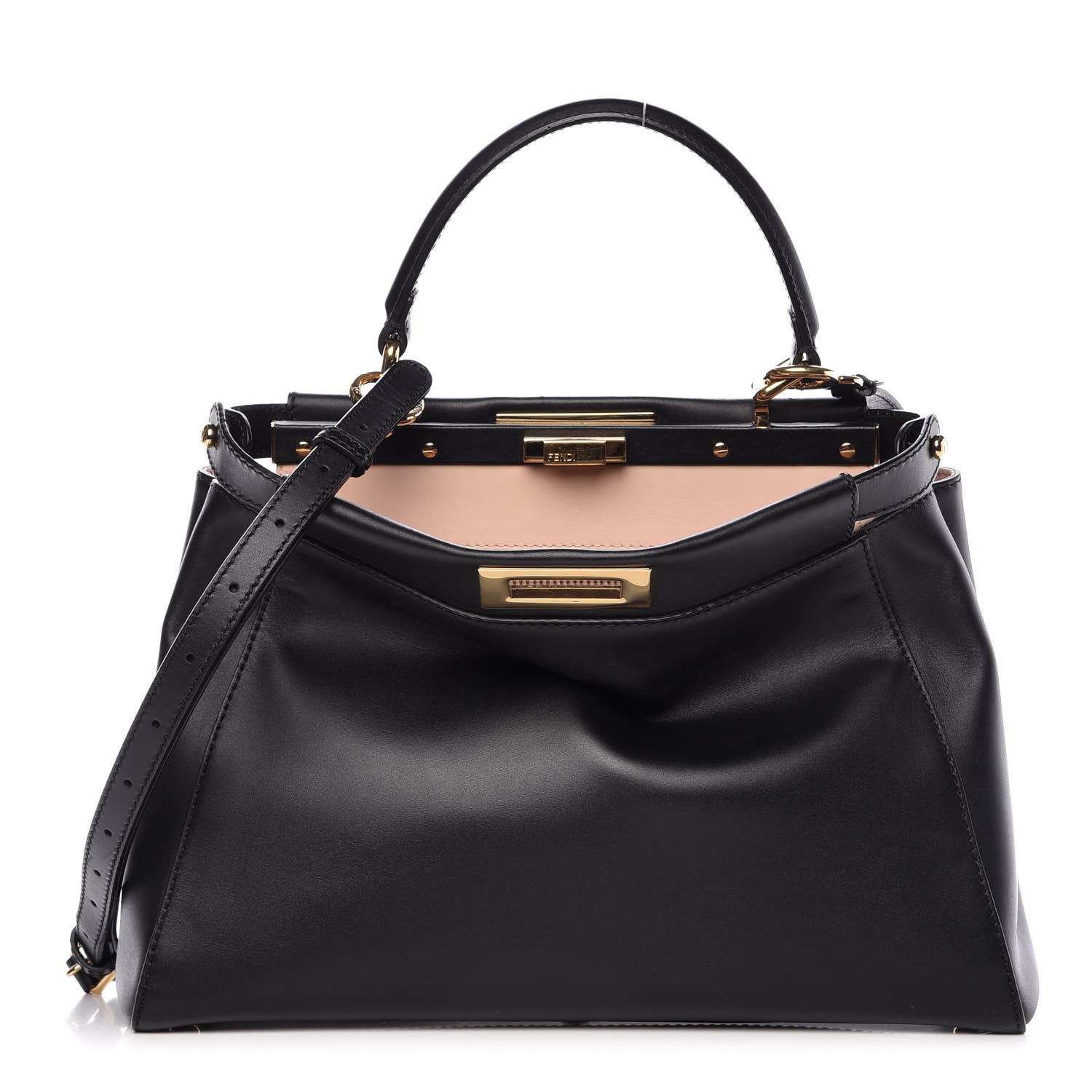 Fendi Vitello Morgan Shiny Nappa Medium Peekaboo Iconic Satchel Black Rosa Plaster 1 of 14