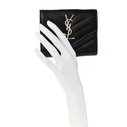 Saint Laurent Grain De Poudre Matelasse Chevron Monogram Compact Tri Fold Wallet Black 2 of 8