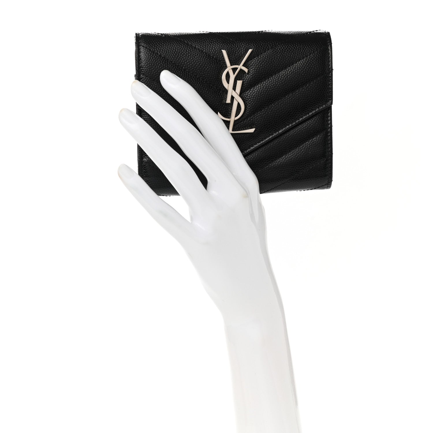 Saint Laurent Grain De Poudre Matelasse Chevron Monogram Compact Tri Fold Wallet Black 2 of 8