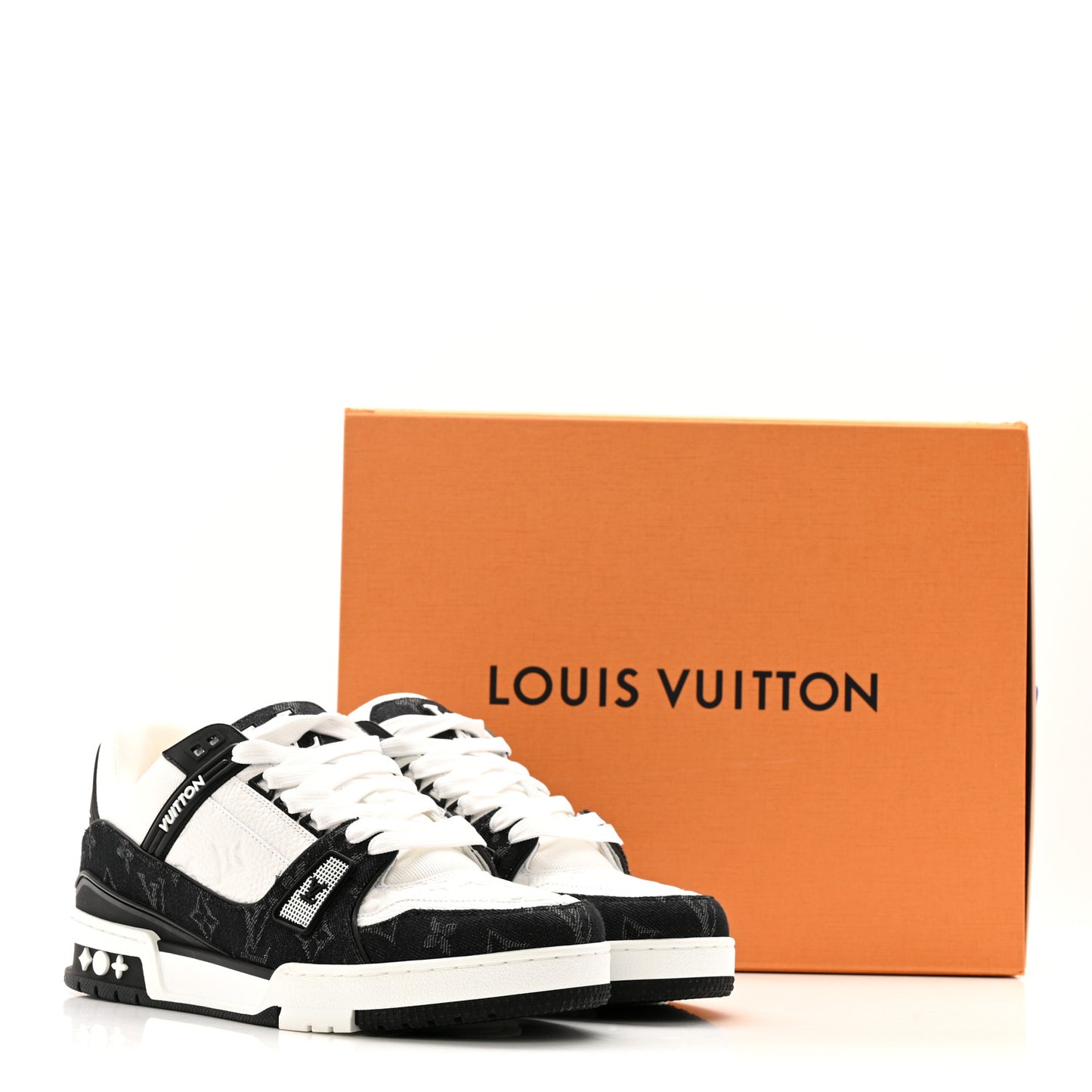 Calfskin Embossed Monogram Denim Mens LV Trainer Sneakers 8 Black