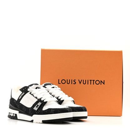 Louis Vuitton Calfskin Embossed Monogram Denim Mens LV Trainer Sneakers 8 Black 10 of 10