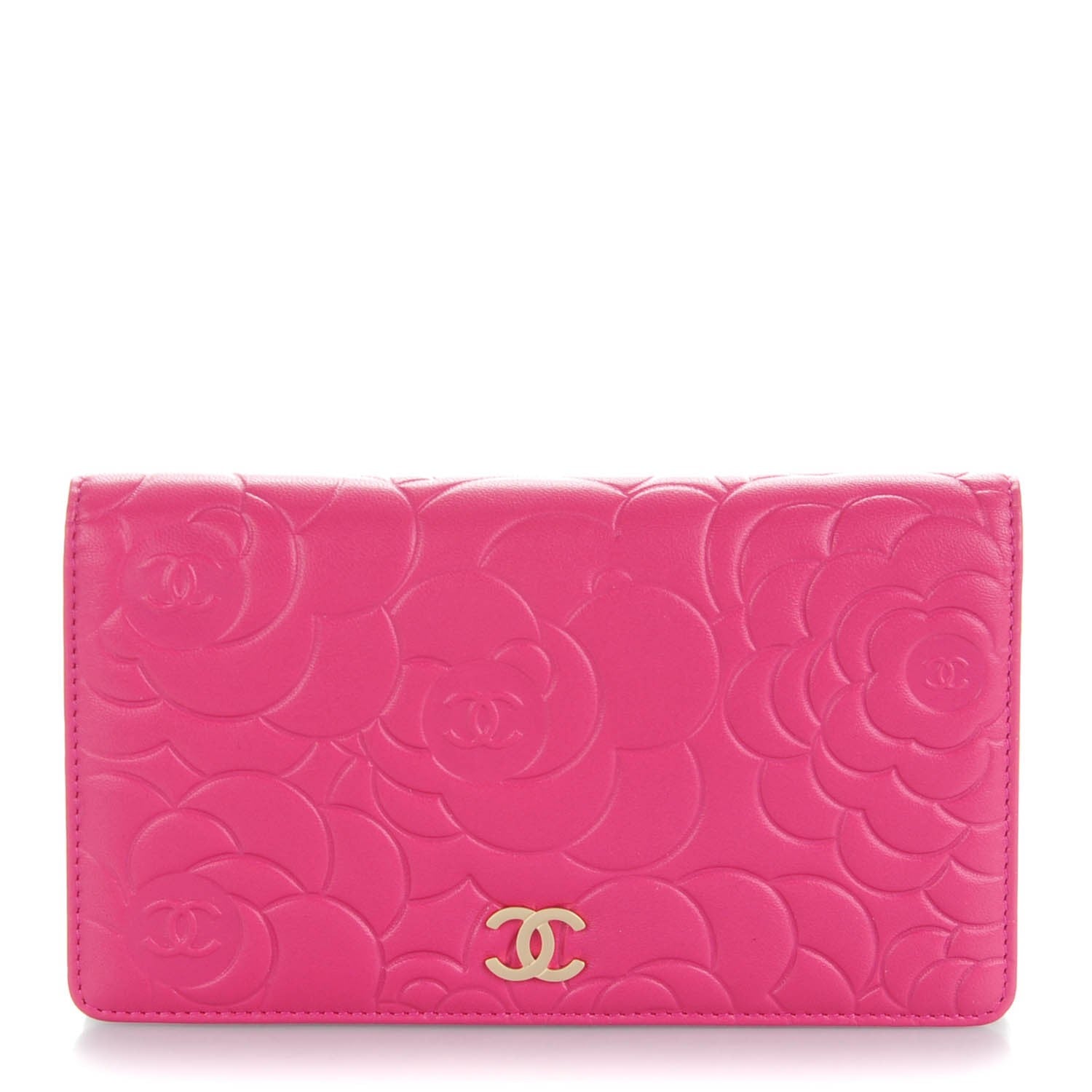 Chanel Lambskin Camellia Embossed Yen Wallet Fuchsia 1 of 8