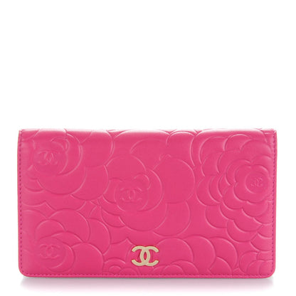 Chanel Lambskin Camellia Embossed Yen Wallet Fuchsia 1 of 8