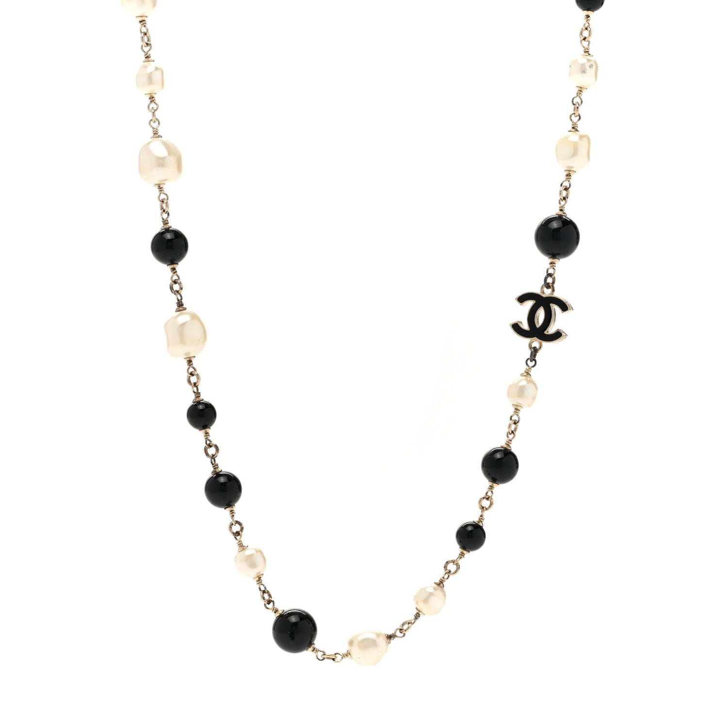 Pearl Beaded Crystal CC Long Necklace Gold Black White