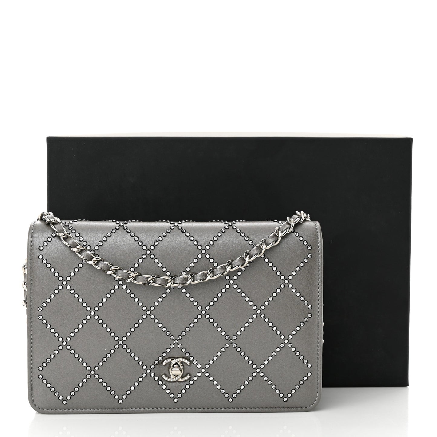 Lambskin Crystal Quilted Wallet On Chain WOC Grey