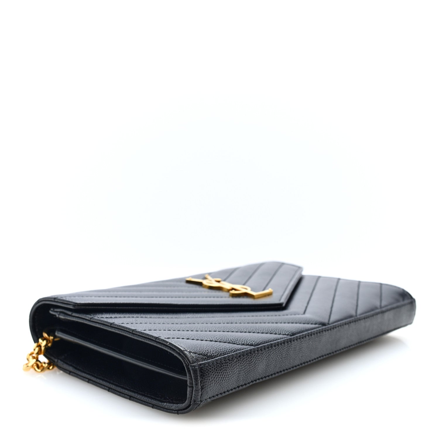 Saint Laurent Grain De Poudre Matelasse Chevron Monogram Chain Wallet Black 4 of 9
