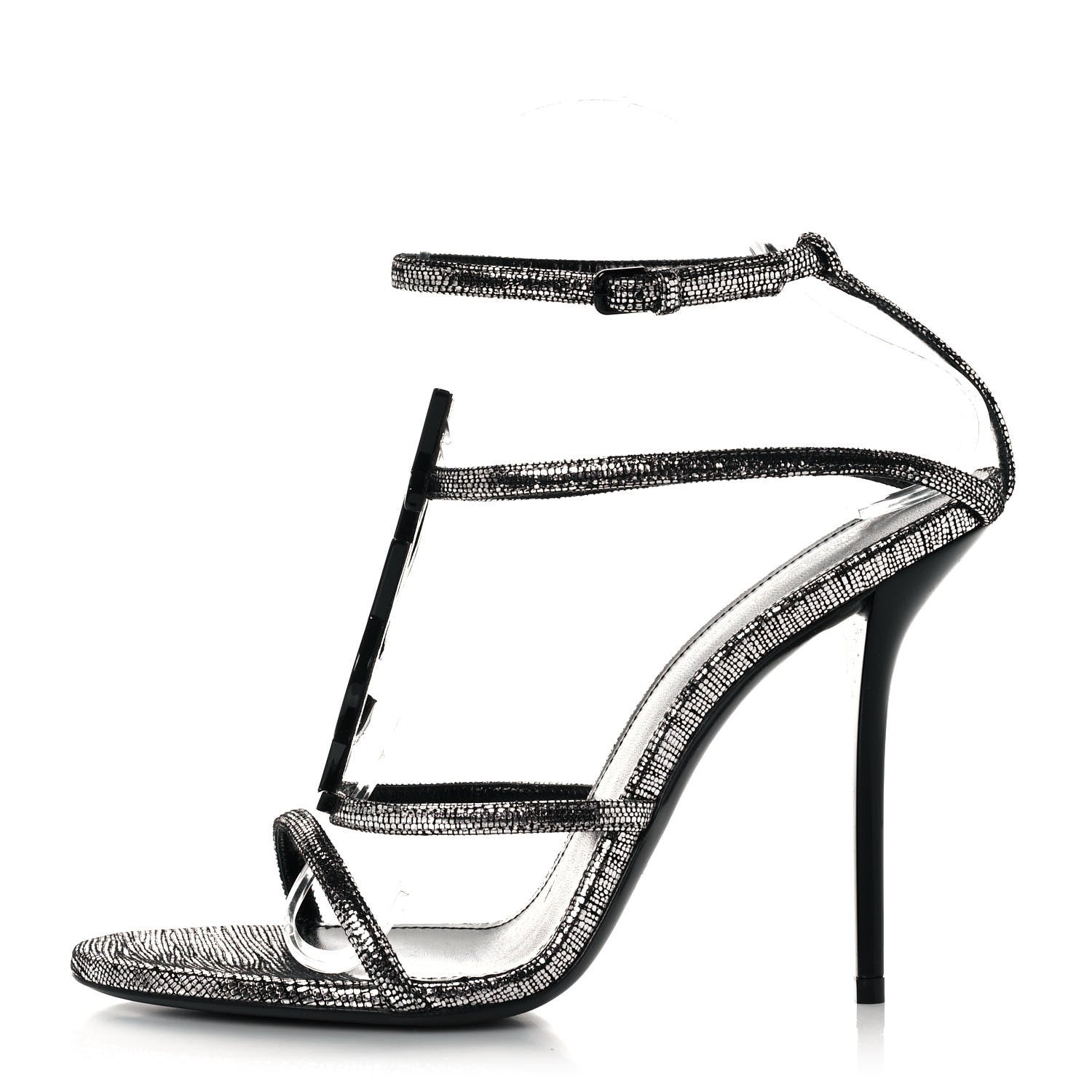 Saint Laurent Metallic Calfskin Cassandra 110 Ankle Strap Sandals 39.5 Argento 1 of 10