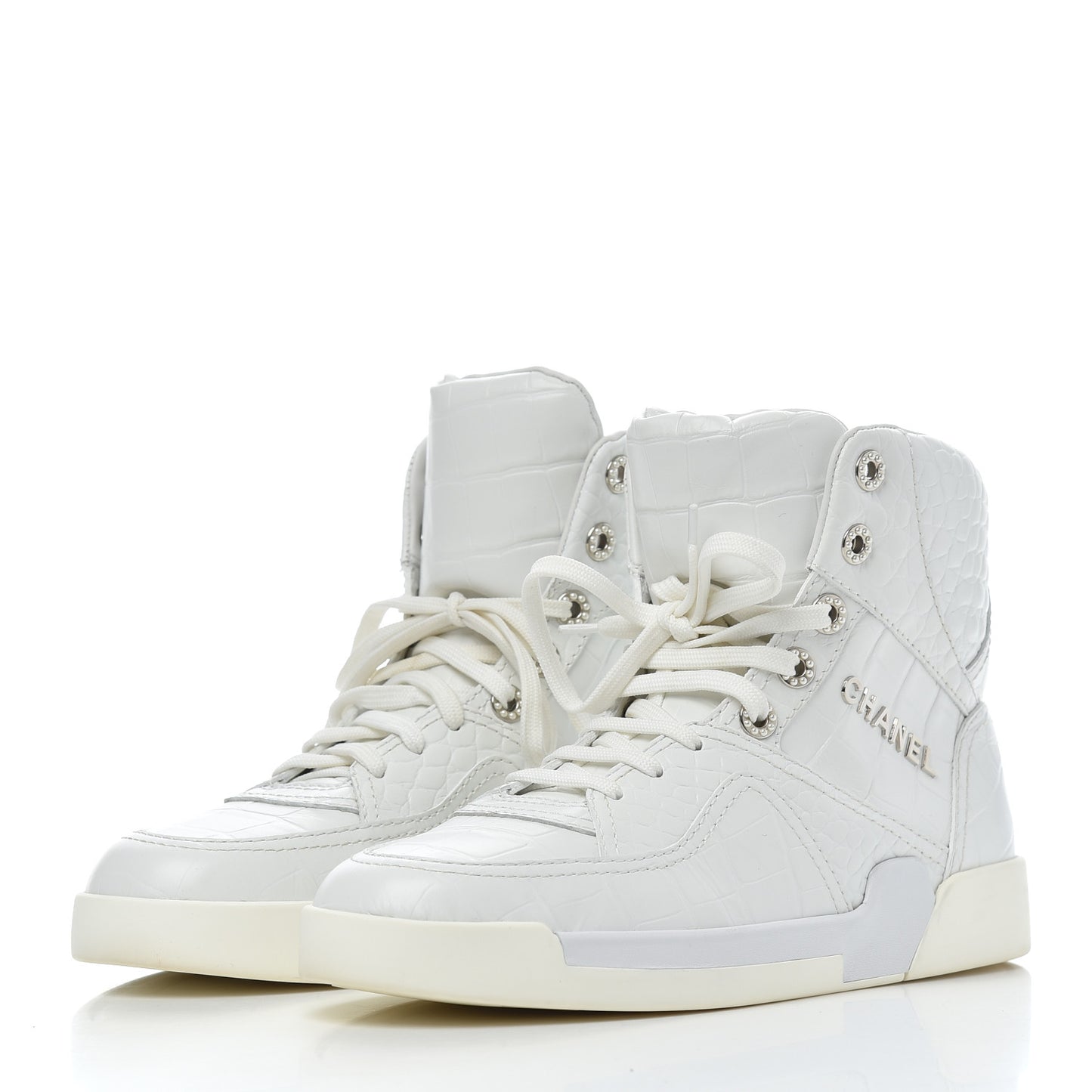 Calfskin Crocodile Embossed Cocodile High Top Sneakers 39.5 White