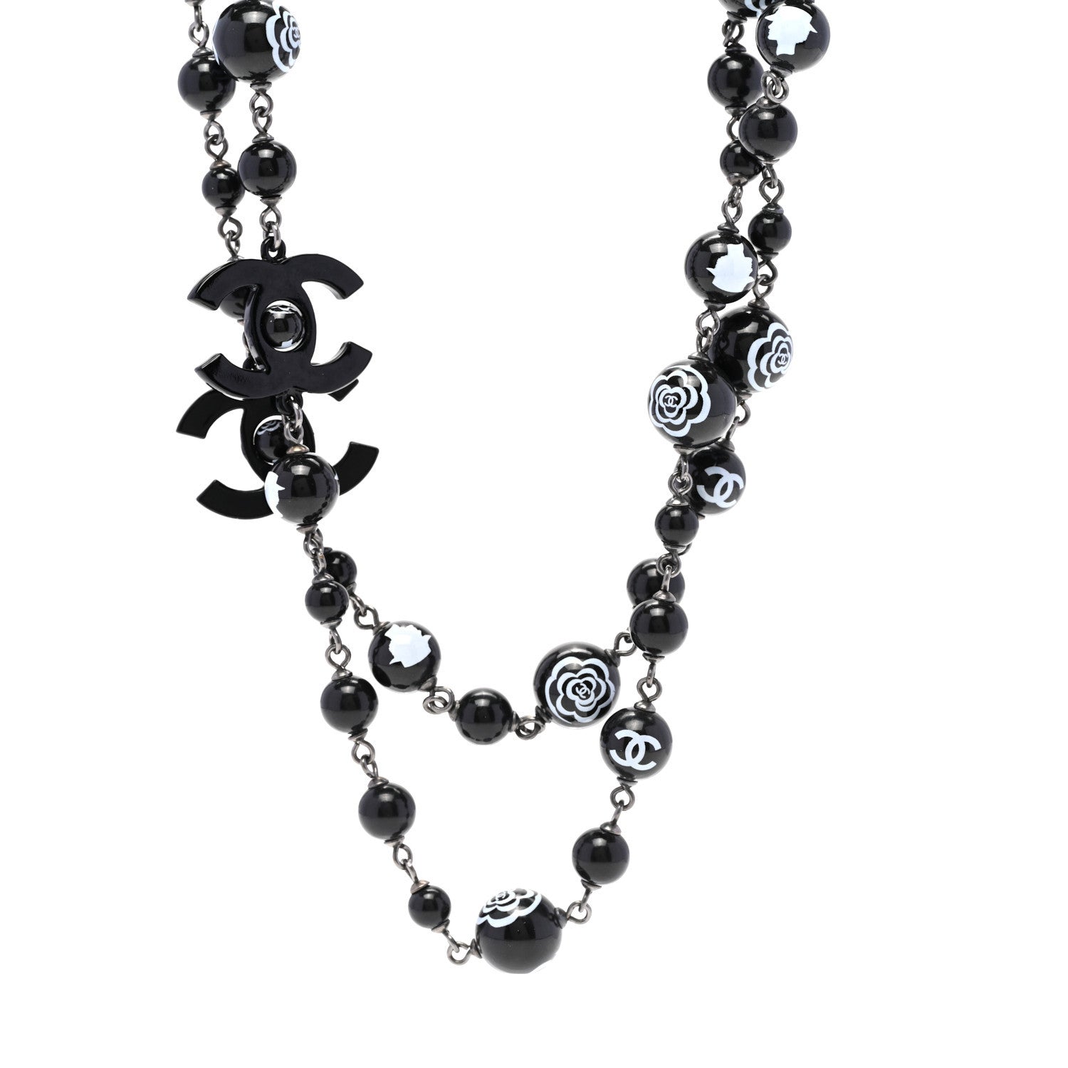 Chanel Ruthenium Pearl Beaded Camelia CC Long Necklace Black 1 of 5