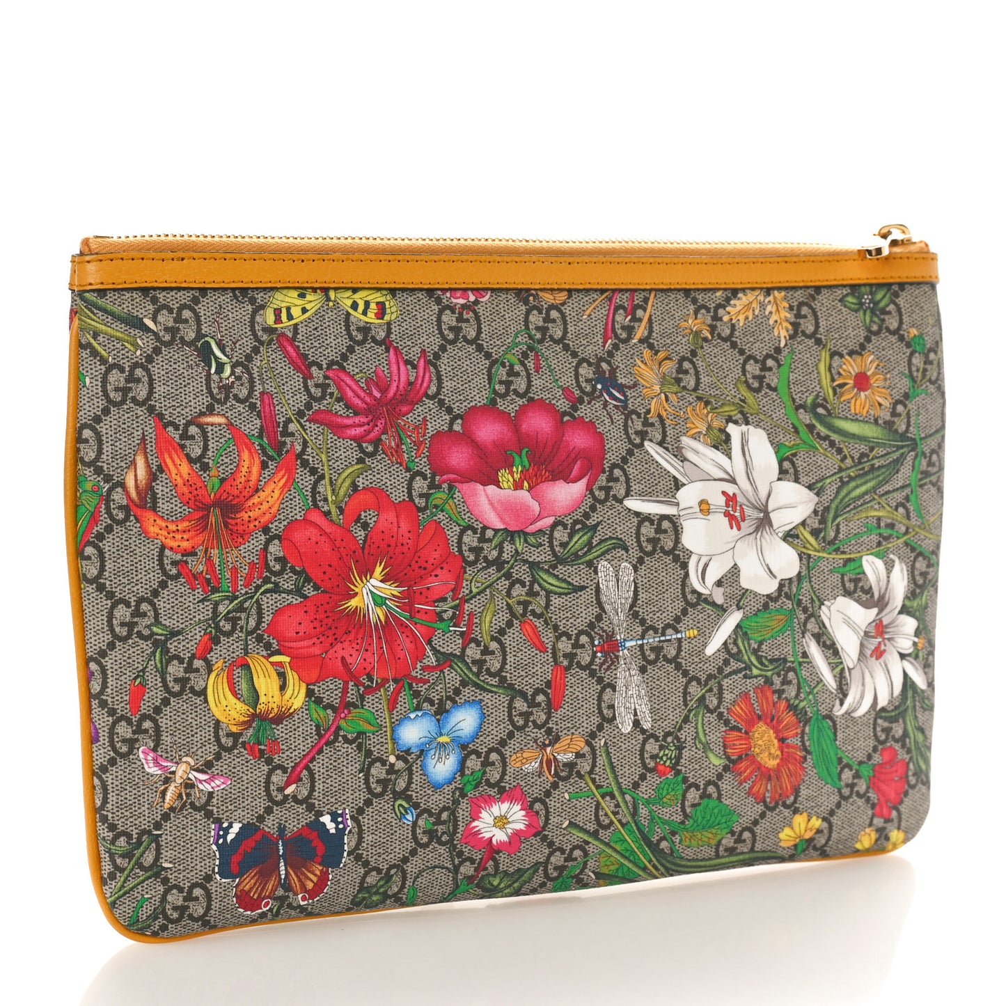 GG Supreme Monogram Flora Large Ophidia Pouch Clutch Beige Multicolor Crop