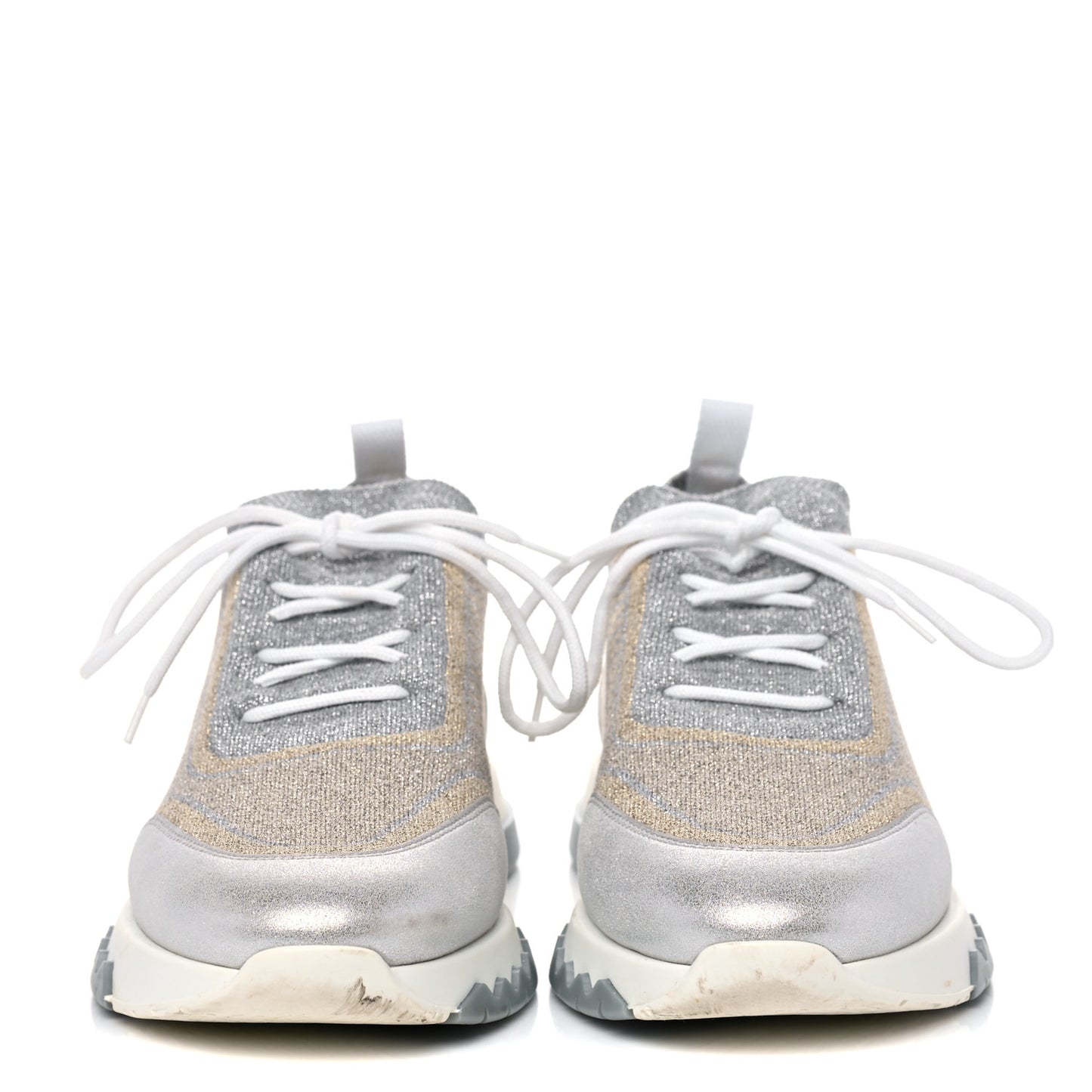 Metallic Knit Calfskin Suede Goatskin Bi-Color Womens Addict Sneakers 38 Multicolor Gris Argent