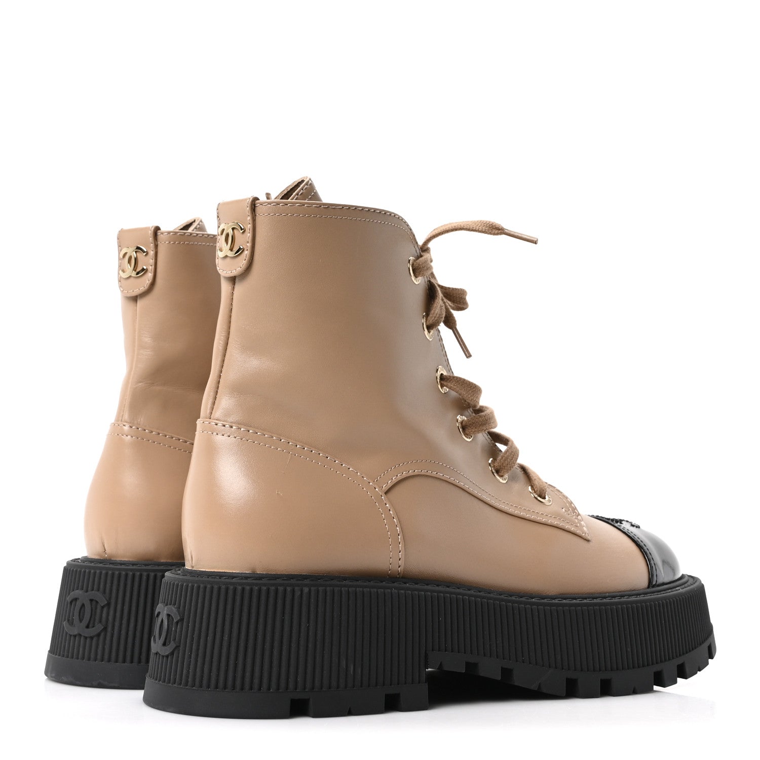 Chanel Calfskin Patent Calfskin CC Lace Up Combat Boots 39 Beige Black 5 of 10