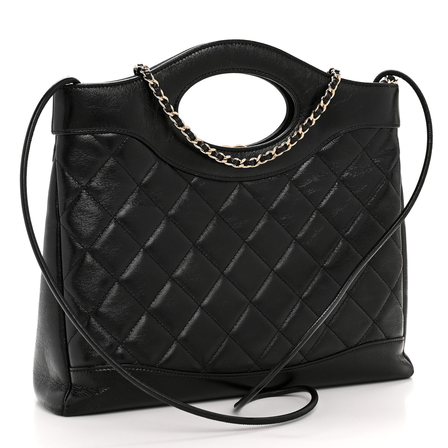 Shiny Crumpled Calfskin Quilted Small 31 Shopping Bag Black