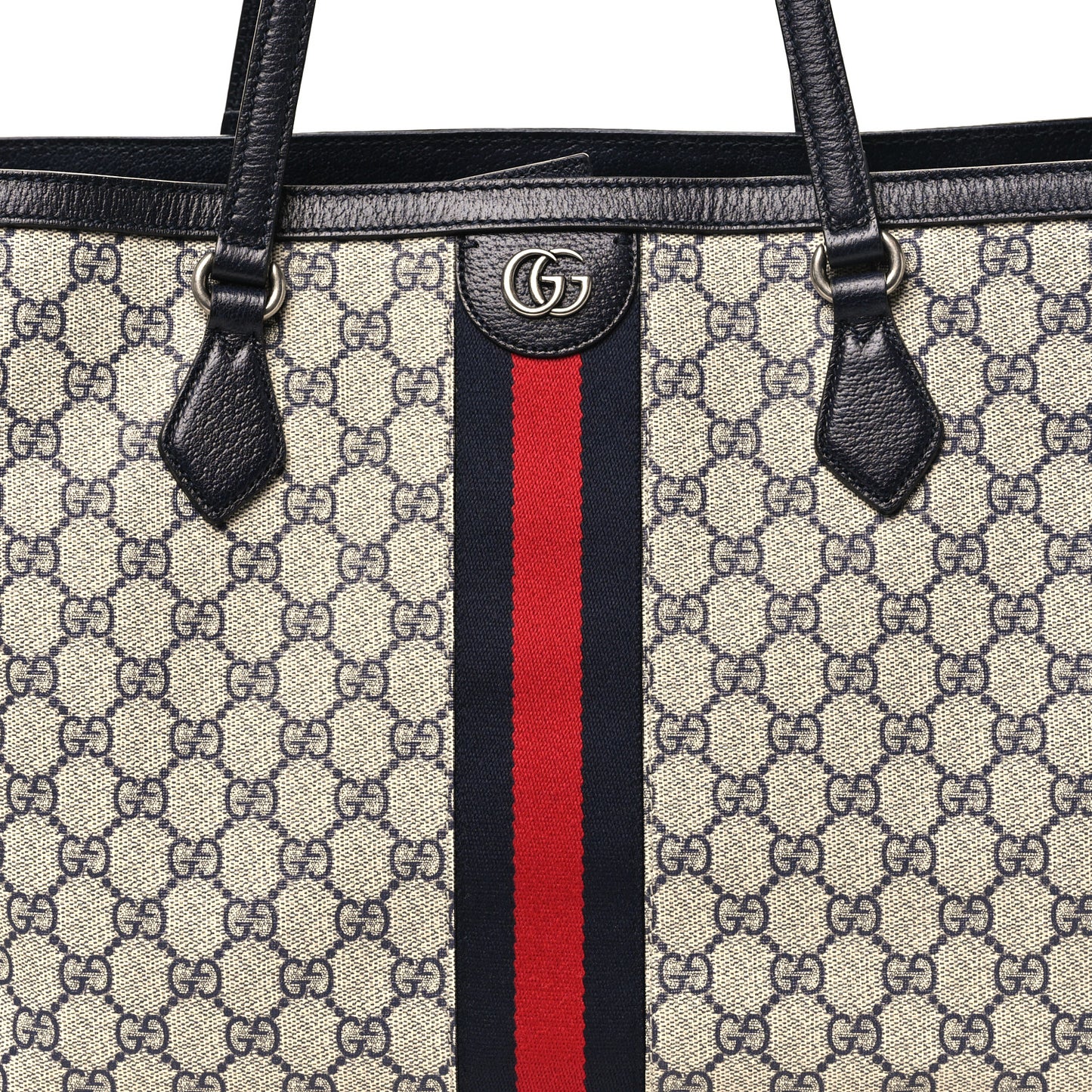 GG Supreme Monogram Textured Calfskin Web Medium Ophidia Shopping Tote Beige Blue