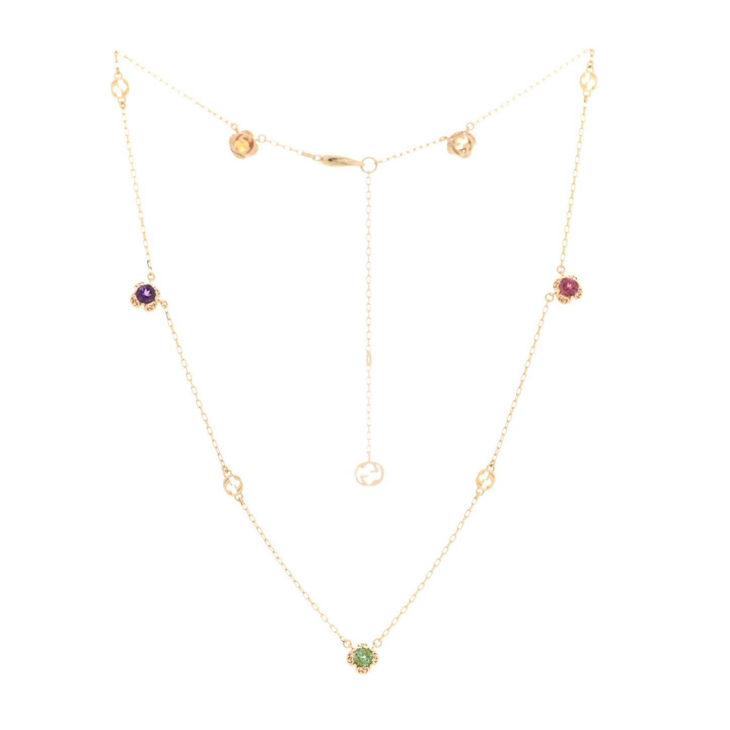 18K Yellow Gold Green Beryl Amethyst Pink Tourmaline Citrine GG Station Rainbow Gemstone Necklace
