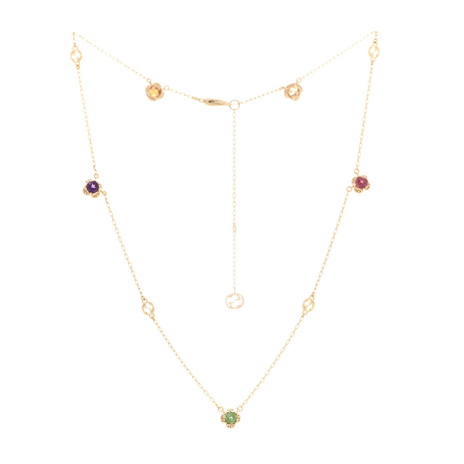 Gucci 18K Yellow Gold Green Beryl Amethyst Pink Tourmaline Citrine GG Station Rainbow Gemstone Necklace 3 of 5