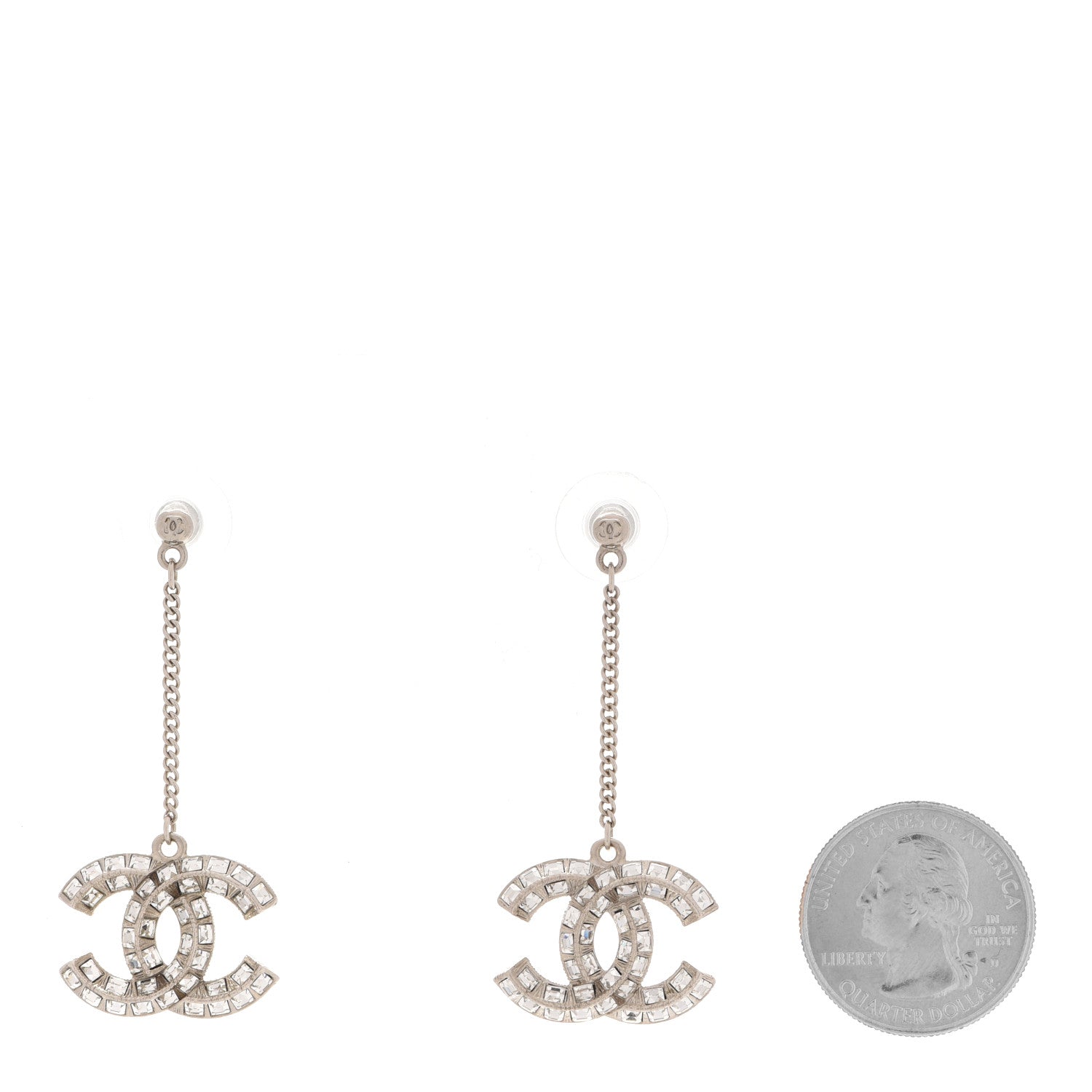 Chanel Baguette Crystal CC Drop Earrings Silver 2 of 5