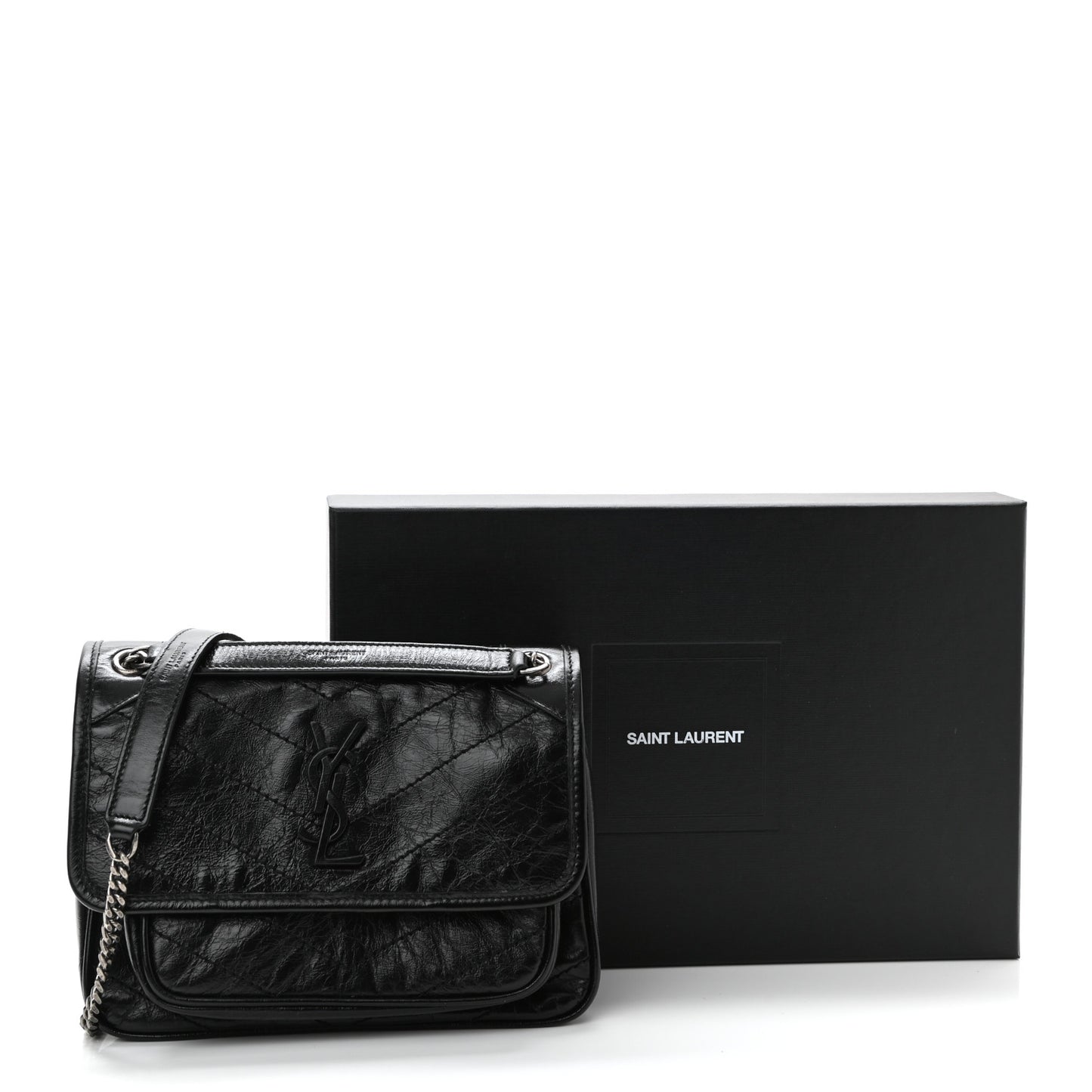 Crinkled Lambskin Matelasse Monogram Baby Niki Chain Satchel Black